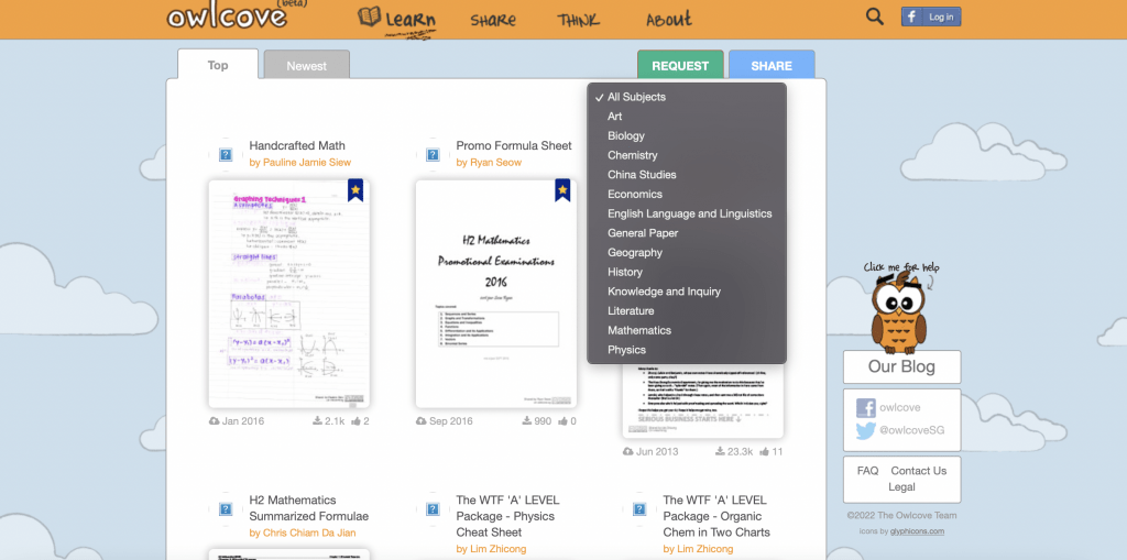 Screenshot of the Owlcove website that shows Singaporean education materials